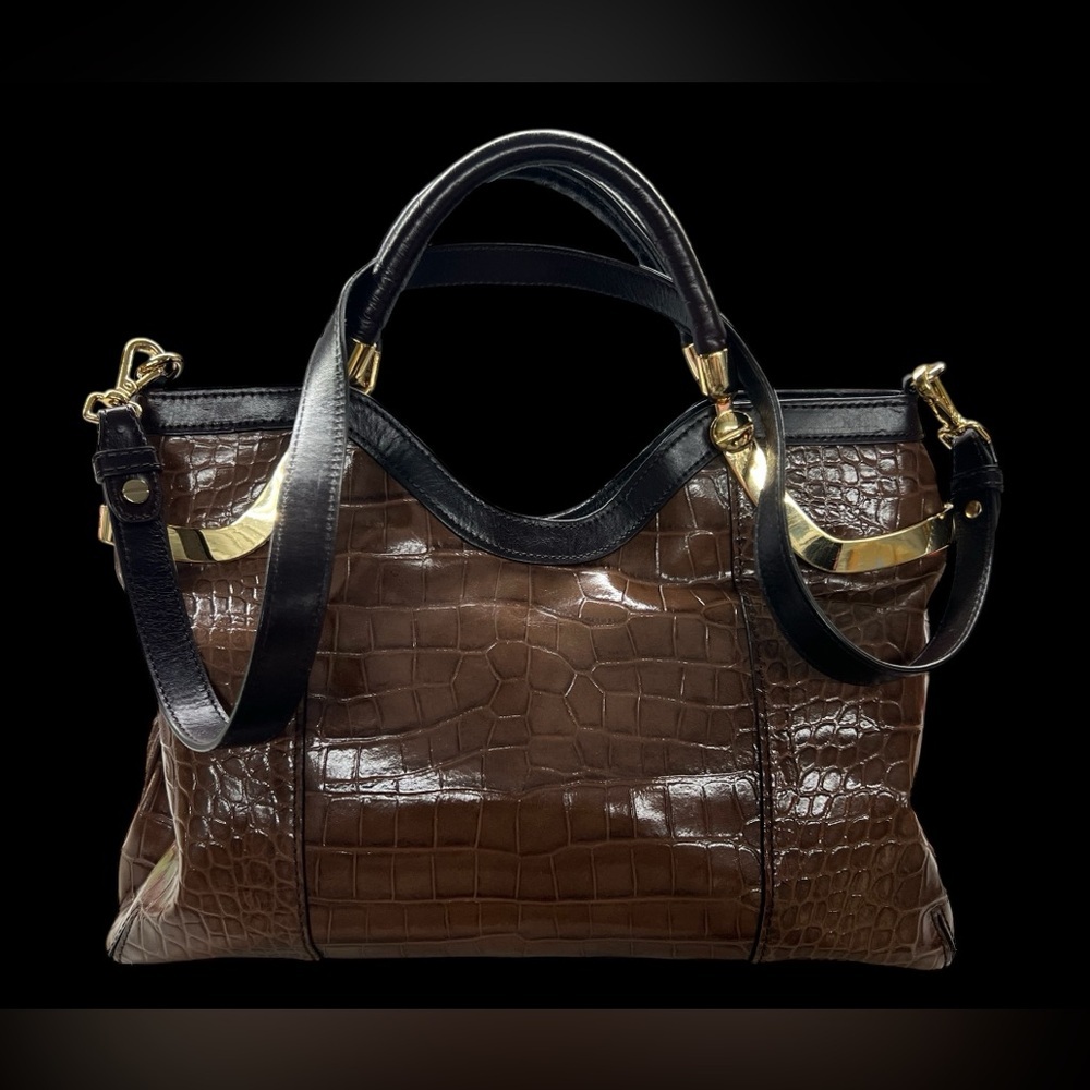 VTG Milly Brown Croc Embossed Leather Handbag Crossbody Bag Gold Accents‎ NYC